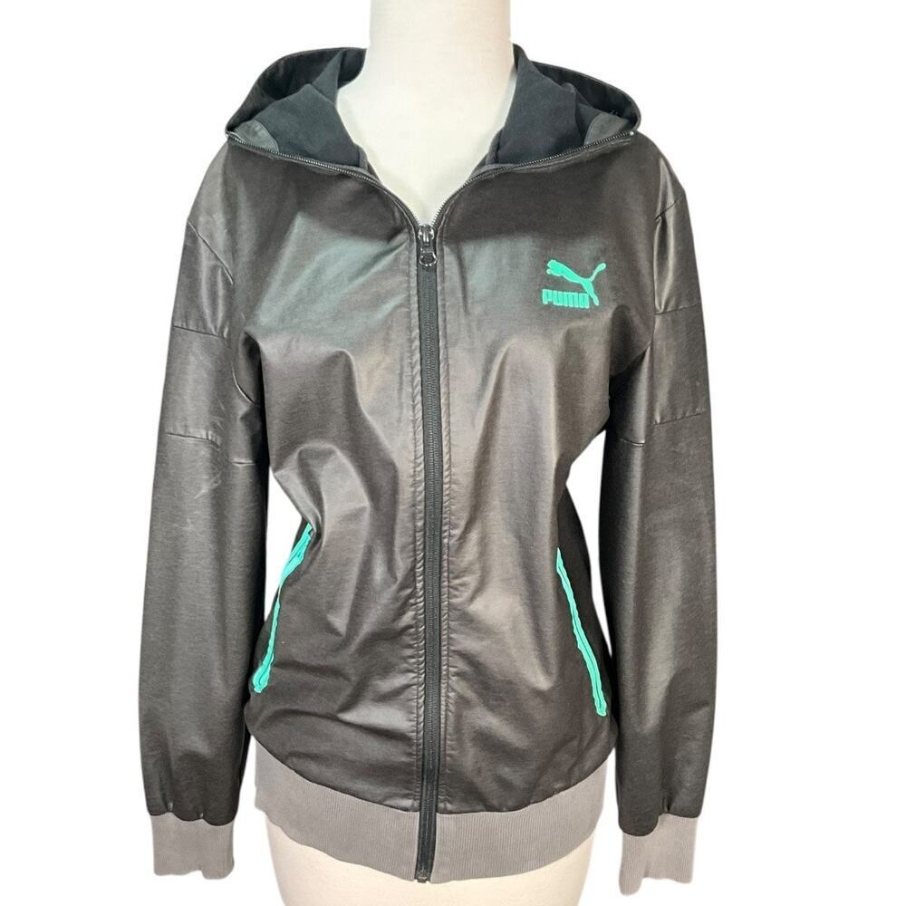 Puma Metallic Gray Hooded Jacket Womens Small Athletic Zip Windbreaker Y2K 90s